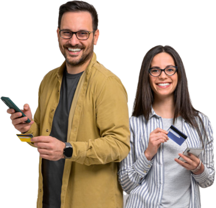 man and woman holding a phone and a credit card